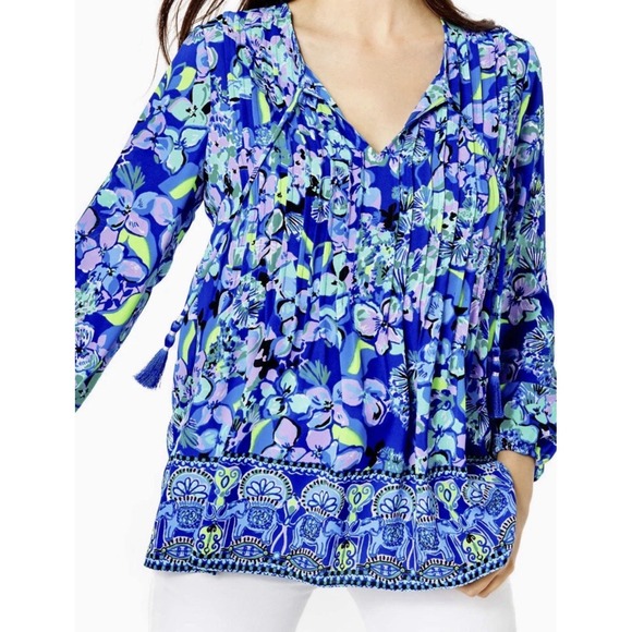 Lilly Pulitzer Marilina Top Tunic Tassels Blue Grotto Twilight Tropics Sz Small - Picture 5 of 12